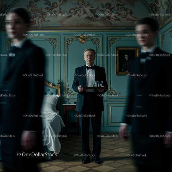 Sophisticated Waiter in Elegant Hotel Room Setting