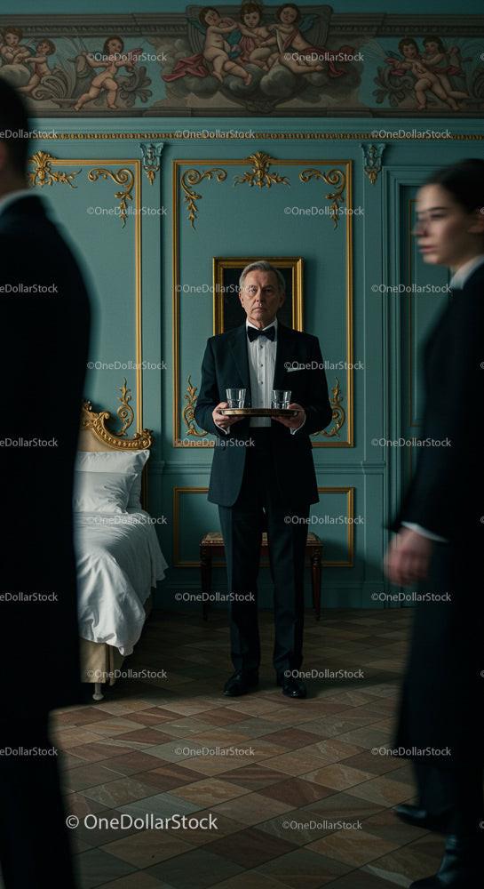 Uniformed Waiter in Elegant Vintage Room