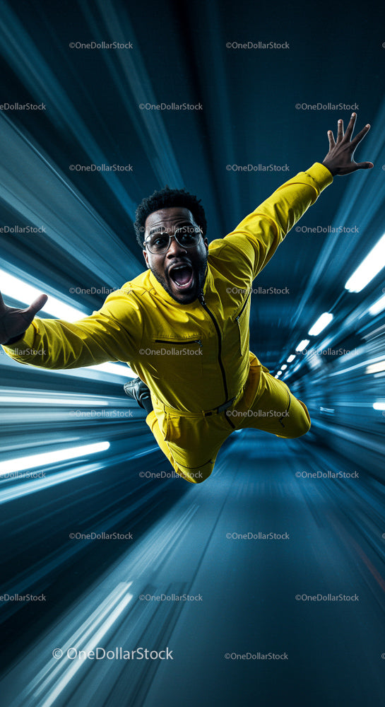 Man in Yellow Suit Mid-Air in Futuristic Tunnel