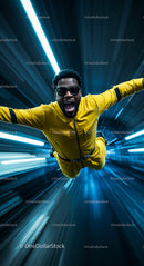 Man in Yellow Jumpsuit Flying Through Futuristic Tunnel