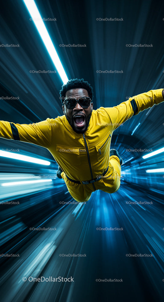 Man in Yellow Jumpsuit Flying Through Futuristic Tunnel