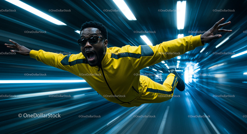 Man in Yellow Tracksuit Flying Through Futuristic Tunnel