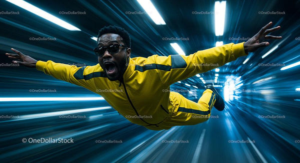 Man in Yellow Tracksuit Flying Through Futuristic Tunnel