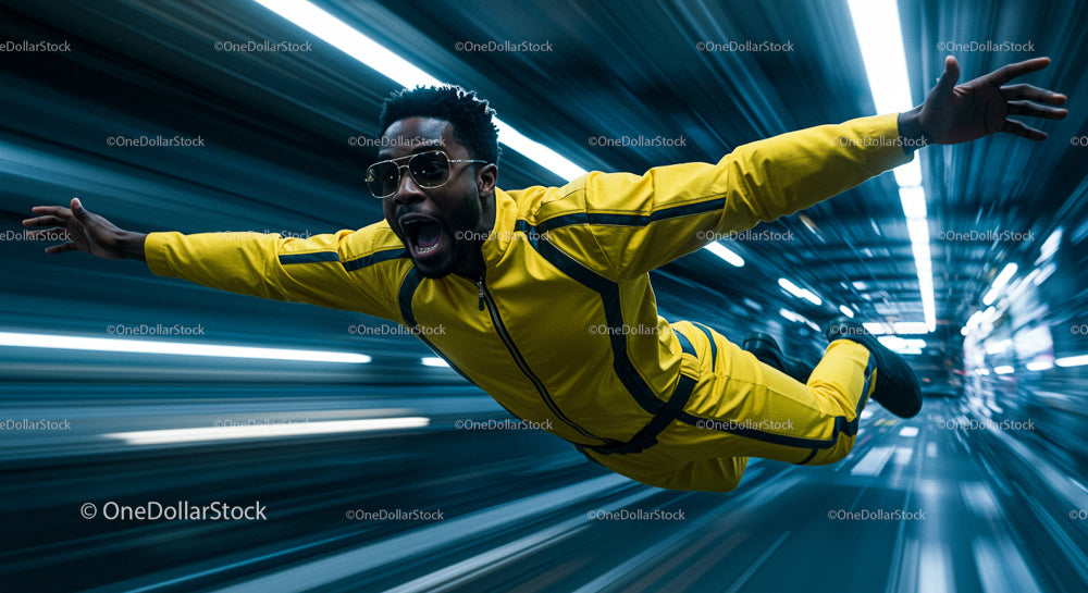 Man in Yellow Jumpsuit Soaring Through Urban Tunnel