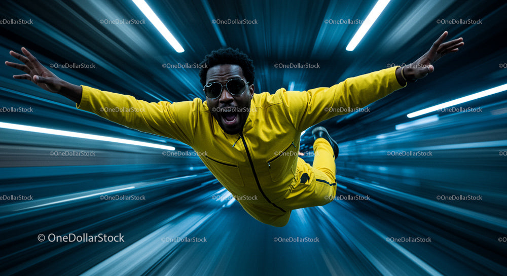 Man Skydiving in Yellow Jumpsuit Through Futuristic Tunnel