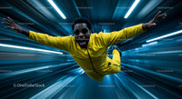 Man Skydiving in Yellow Jumpsuit Through Futuristic Tunnel