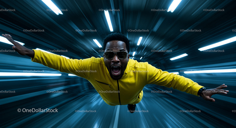 Man in Yellow Jacket Flying Through Futuristic Tunnel