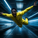 Man in Yellow Jumpsuit Soaring Through Futuristic Tunnel