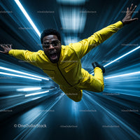 Man in Yellow Jumpsuit Soaring Through Futuristic Tunnel
