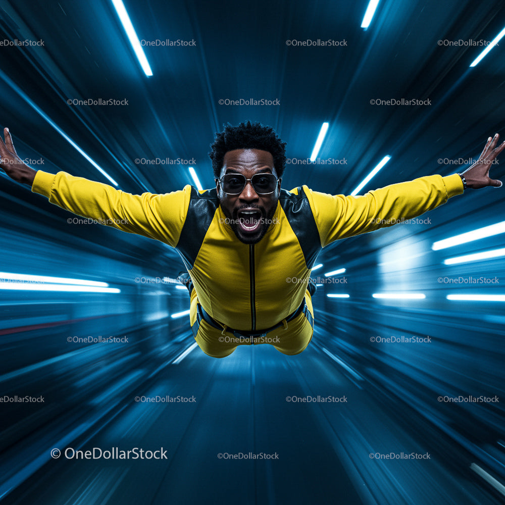 Man in Yellow Jumpsuit Soaring Through a Futuristic Tunnel