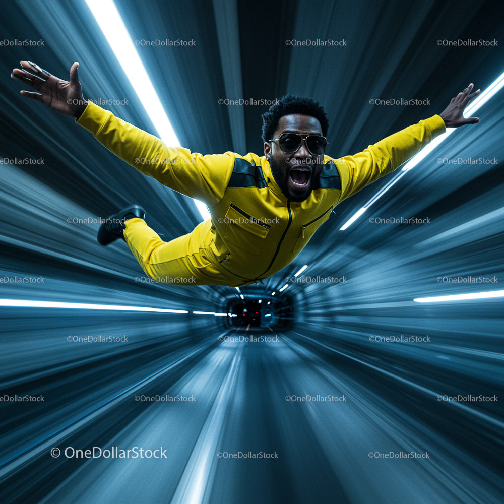 Man in Yellow Jumpsuit Flying Through Futuristic Tunnel