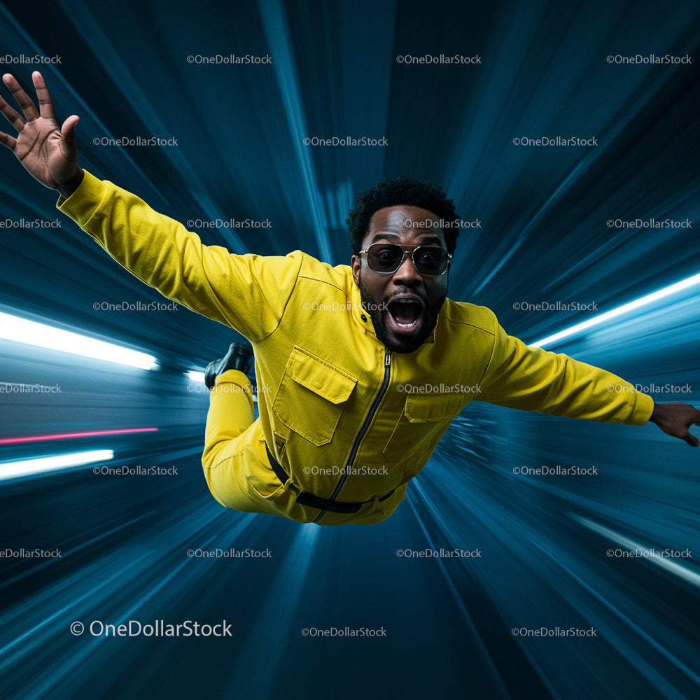 Man in Yellow Jumpsuit Flying with Motion Blur Effect