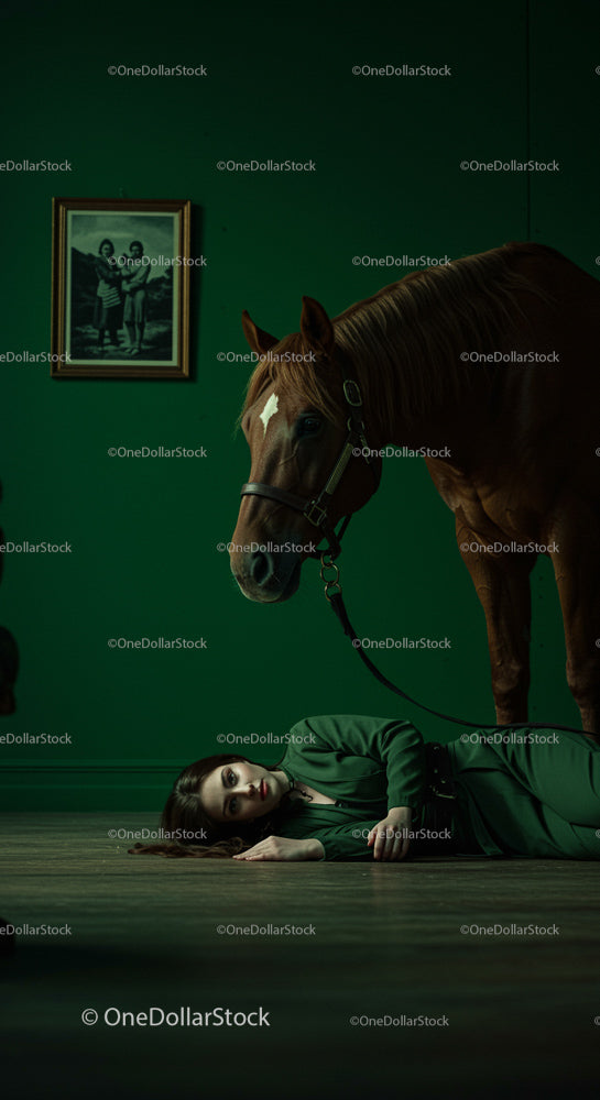 Woman in Green with Horse in Dramatic Setting