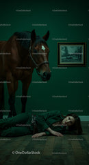 Horse and Woman in Artistic Indoor Setting