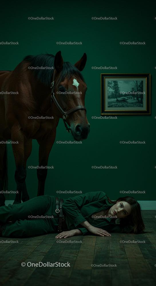 Horse and Woman in Artistic Indoor Setting