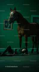 Resting Woman in Elegant Green Outfit with Horse Indoors