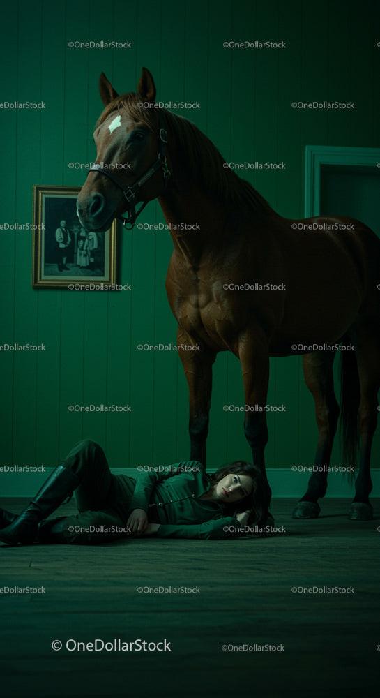 Resting Woman in Elegant Green Outfit with Horse Indoors