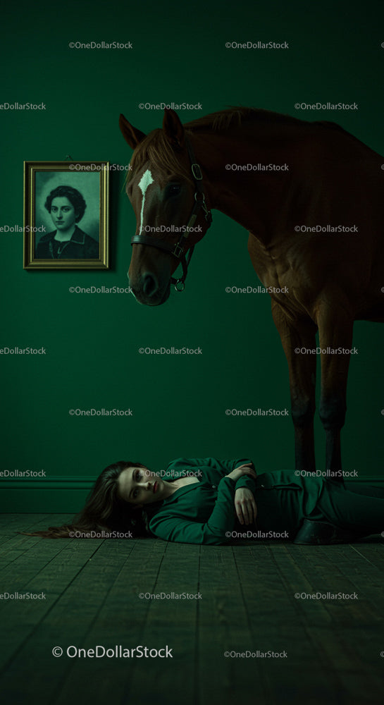 Kobieta w zielonym garniturze z kasztanowym koniem autorstwa Emerald Wall