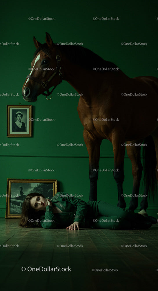 Elegant Horse and Woman in Enigmatic Interior Setting