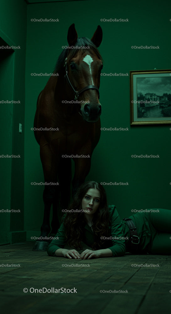 Dramatic Indoor Scene with Horse and Woman in Green Room