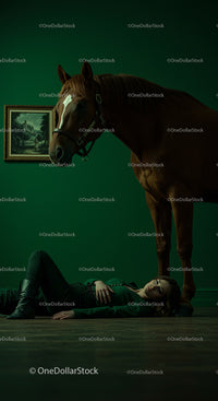 Woman Lying on Floor with Elegant Horse in Green Room