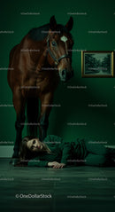 Elegant Brown Horse with Woman in Green Suit