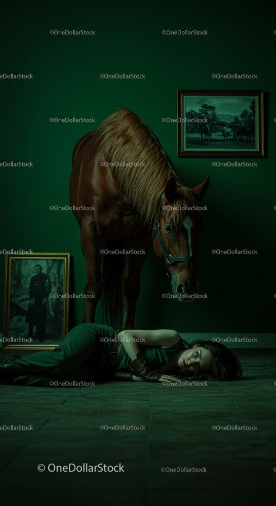 Mystical Scene with Chestnut Horse and Woman in Green Room