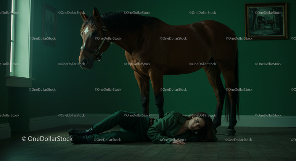 Elegant Horse and Resting Woman in Artistic Green Room