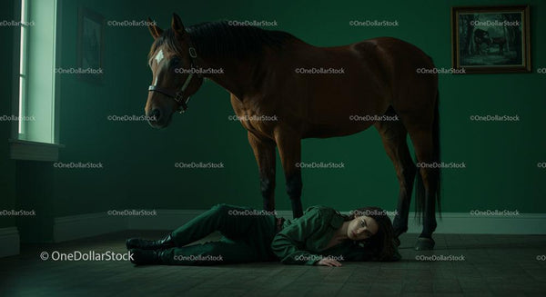 Elegant Horse and Resting Woman in Artistic Green Room