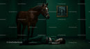 Woman in Green Room with Brown Horse and Oil Painting
