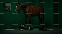 Woman Lying Under a Majestic Bronze Horse in Green Room