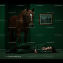 Horse and Woman in a Surreal Green Room Setting