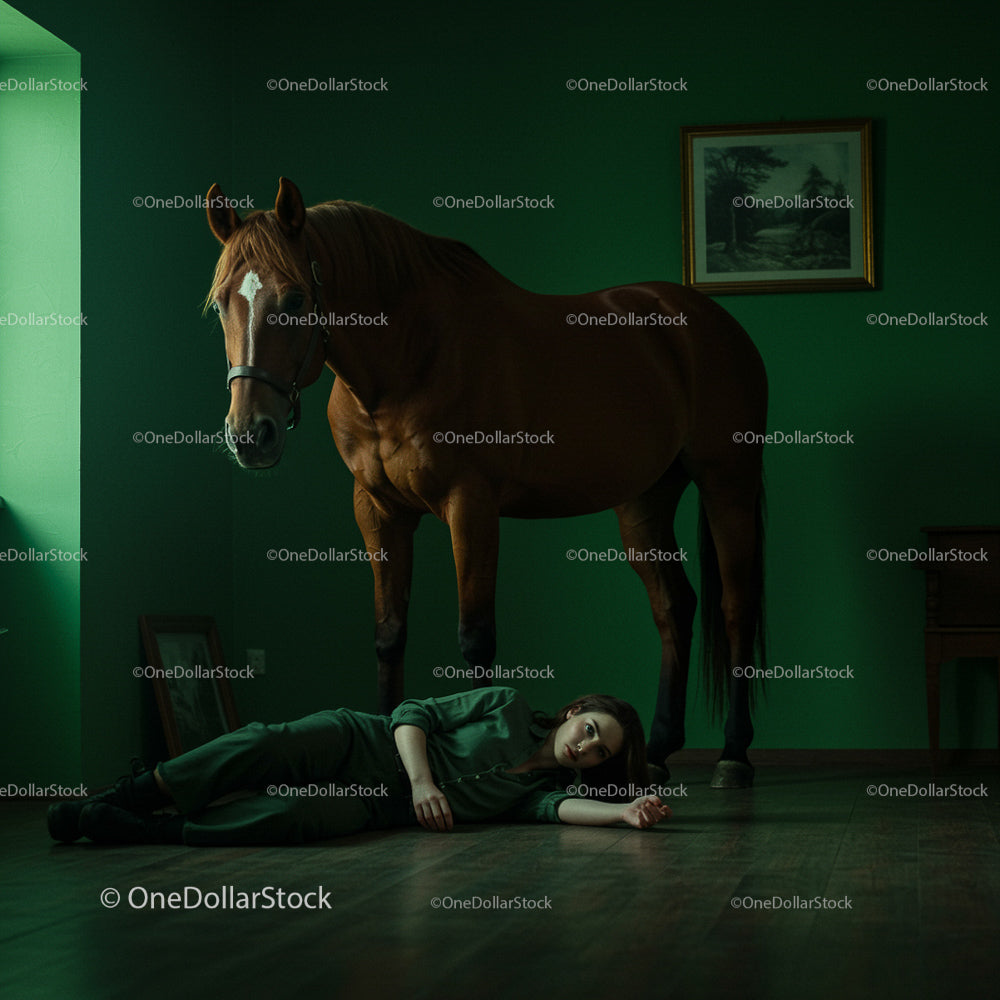 Horse Standing Over Woman in Moody Green Room