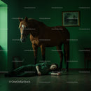 Horse Standing Over Woman in Moody Green Room