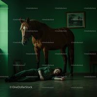 Horse Standing Over Woman in Moody Green Room