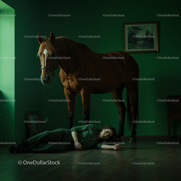 Horse Standing Over Woman in Moody Green Room