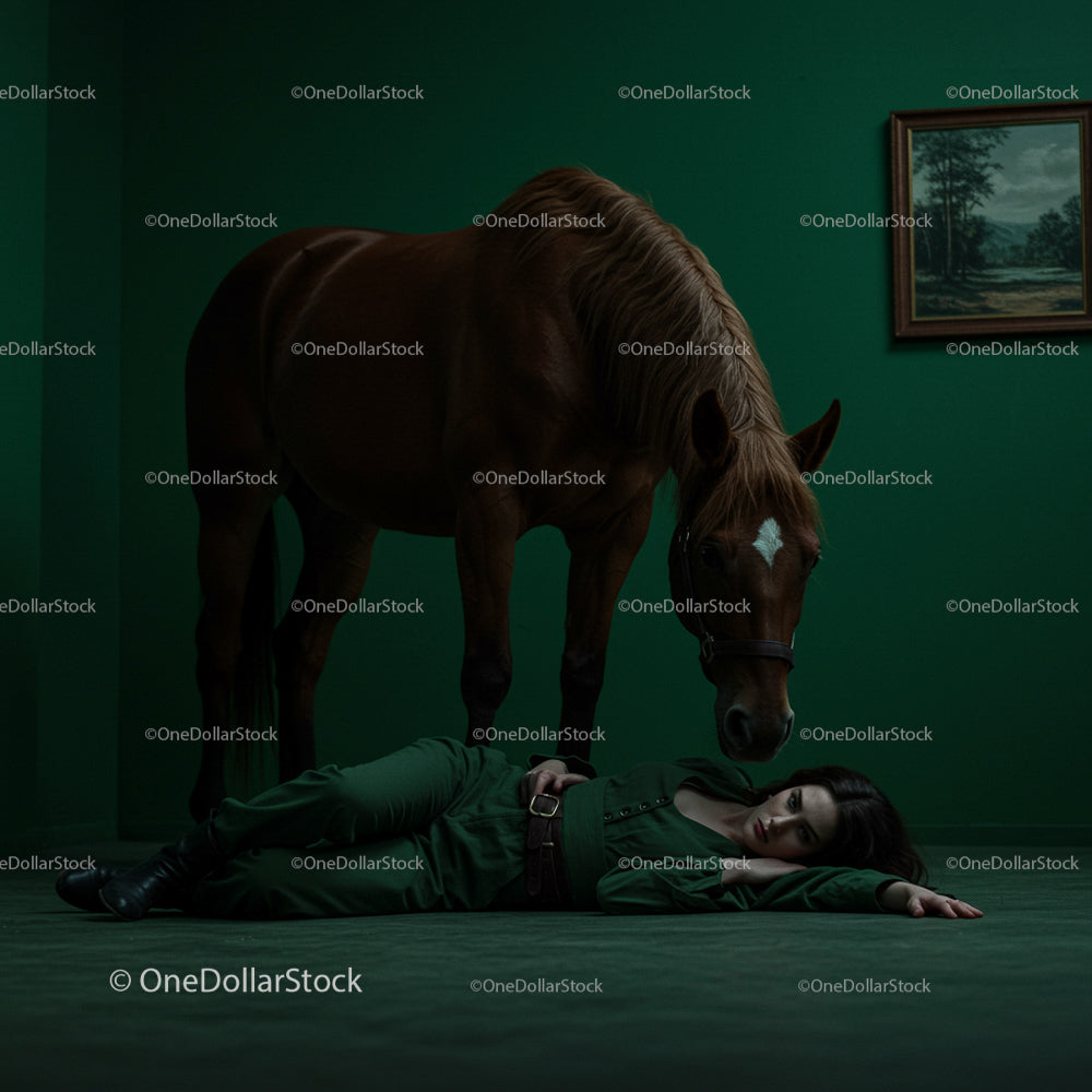 Surreal Scene of Woman and Horse in Green Room
