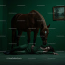 Surreal Scene of Woman and Horse in Green Room