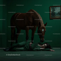 Surreal Scene of Woman and Horse in Green Room