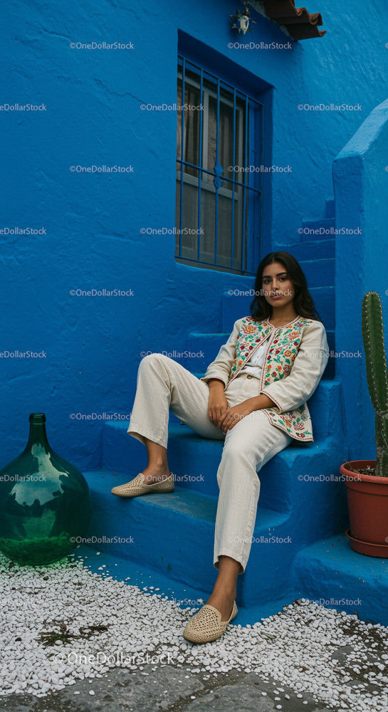 Woman in Embroidered Jacket on Vibrant Blue Steps