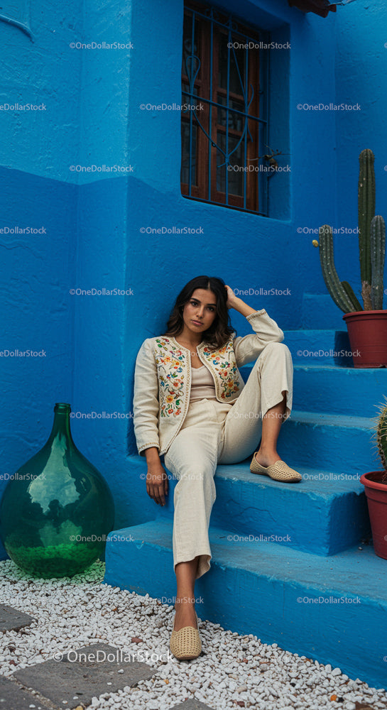 Woman in Embroidered Jacket Sitting by a Blue Wall with Cactus