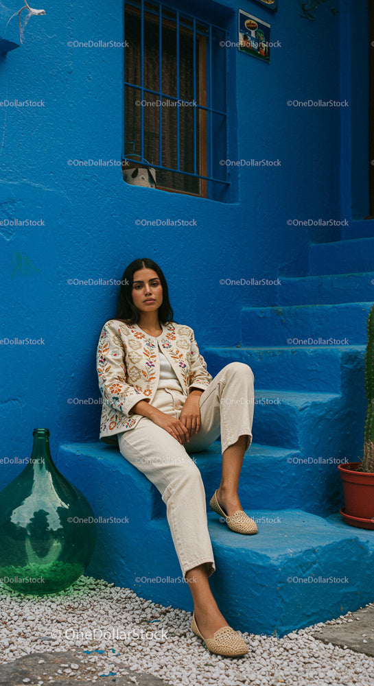 Woman in Embroidered Jacket Against Vibrant Blue Wall