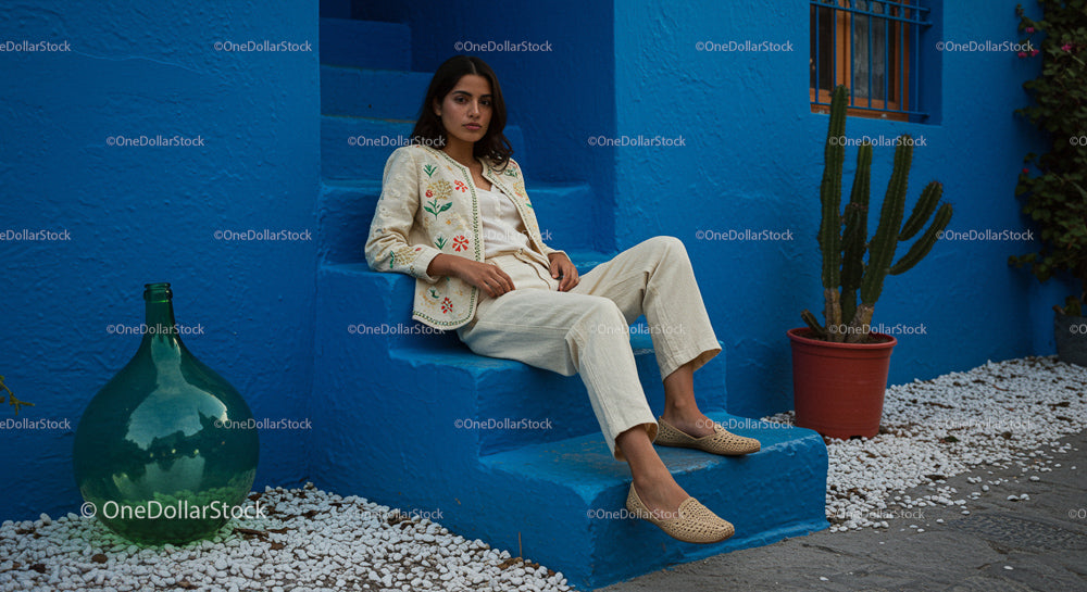 Woman in Bohemian Fashion Relaxing by Blue Wall
