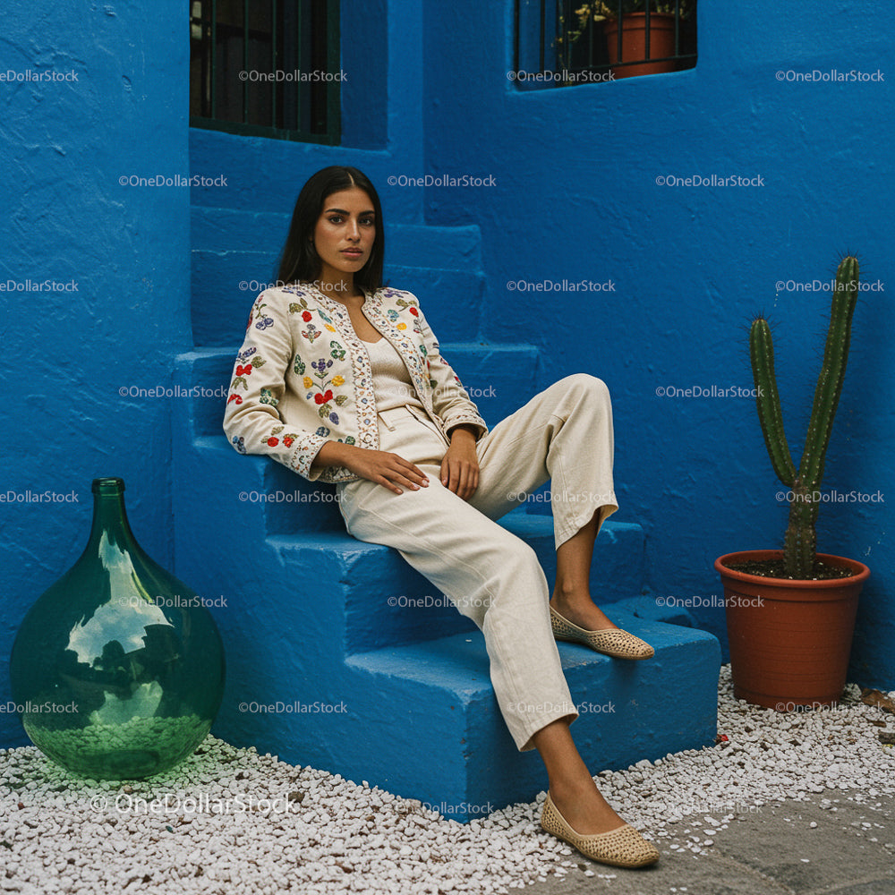 Woman in Embroidered Jacket on Blue Steps with Cactus