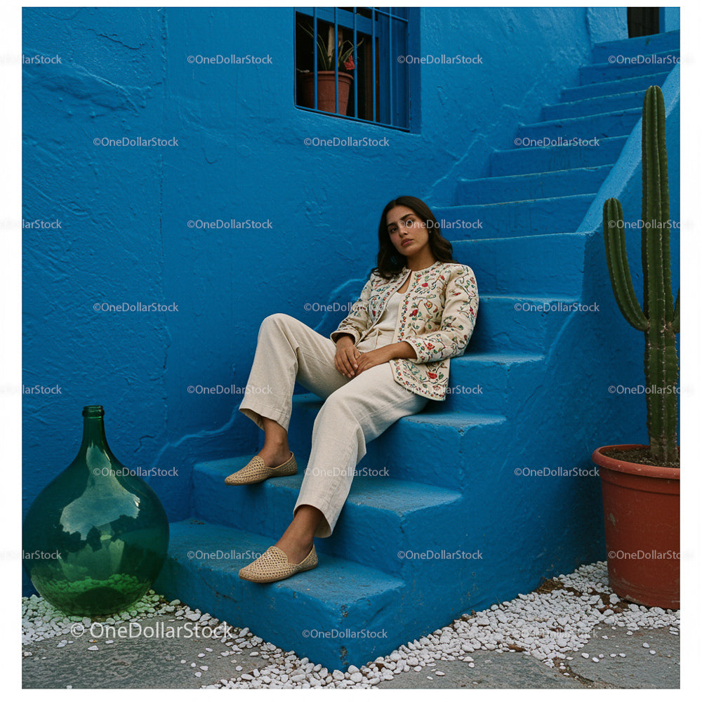 Stylish Woman Relaxing on Vibrant Blue Outdoor Steps