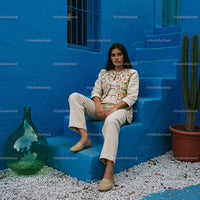 Bohemian Fashion Portrait with Blue Architectural Background