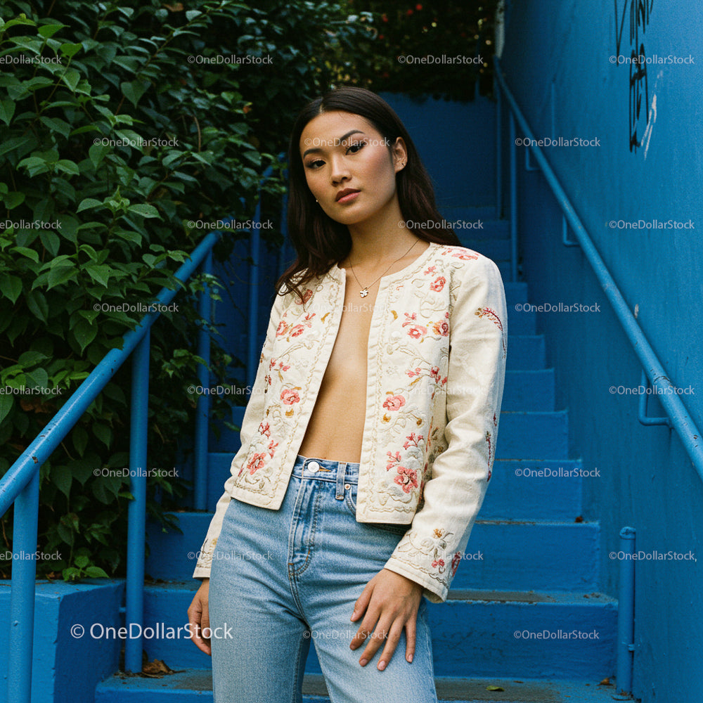 Stylish Woman in Embroidered Floral Jacket on Blue Staircase