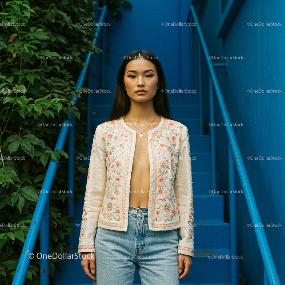 Stylish Woman in Embroidered Jacket on Blue Stairs