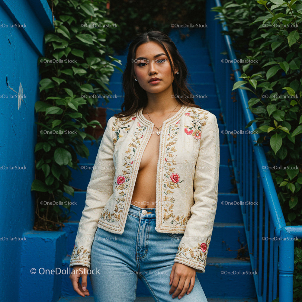 Fashionable Woman in Embroidered Jacket on Blue Staircase