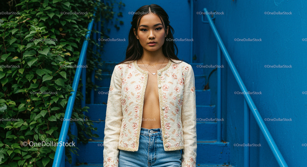 Fashionable Woman on Blue Urban Staircase